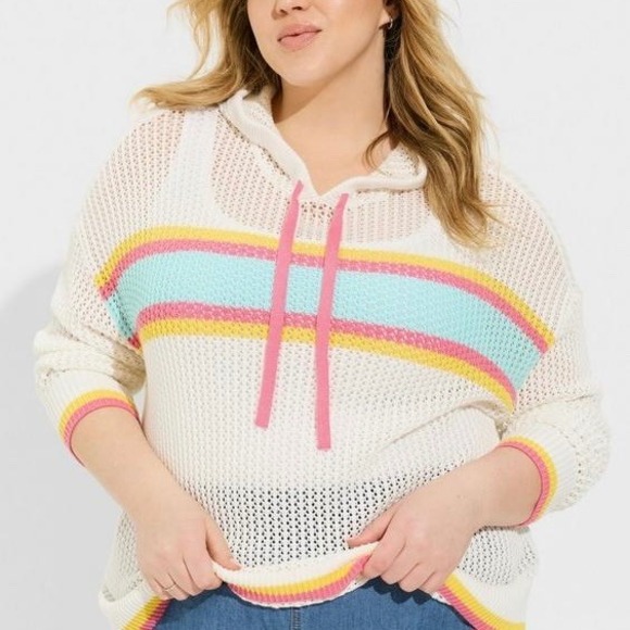 New Torrid White Stripe Pointelle Open Knit Boxy Hoodie Sweater Size 2X - Picture 1 of 9